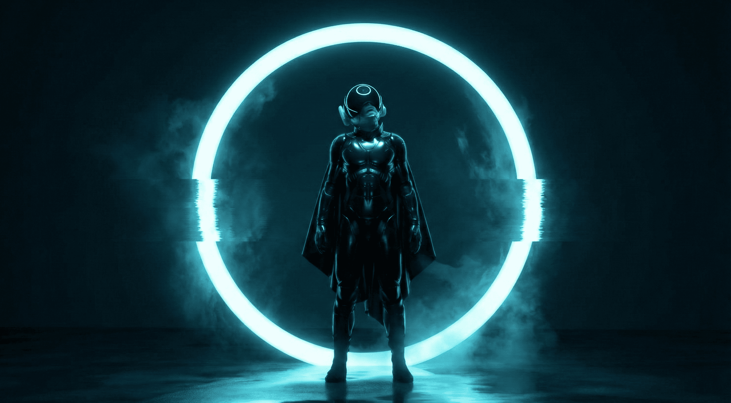 Persona emergiendo de un portal digital futurista con iluminación neon, representando la evolución tecnológica y el criterio humano